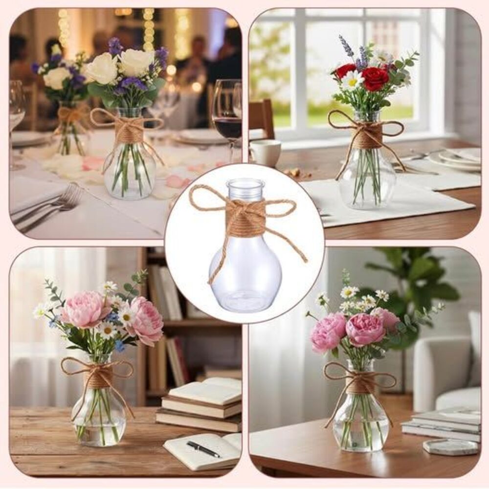 Set of 8 Small Clear Plastic Bud Vases with Jute Twine